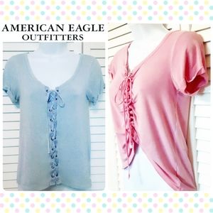 2 Super Soft AE Outfitters Adjustable Corded Front T Shirts: 1 Pink/1 Baby Blue